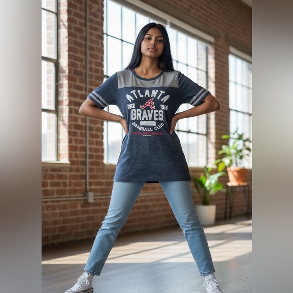 MLB Atlanta Braves blue tee with stripes on the sleeves, size S - Picture 2 of 9